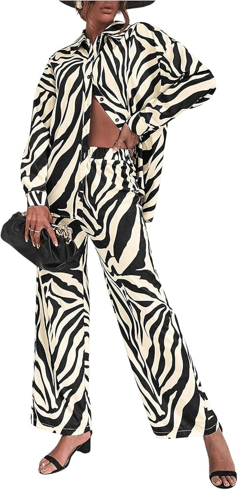 WDIRARA Women's Zebra Print Button Drop Shoulder Long Sleeve Blouse and Pants 2 Piece Outfit Set | Amazon (US)
