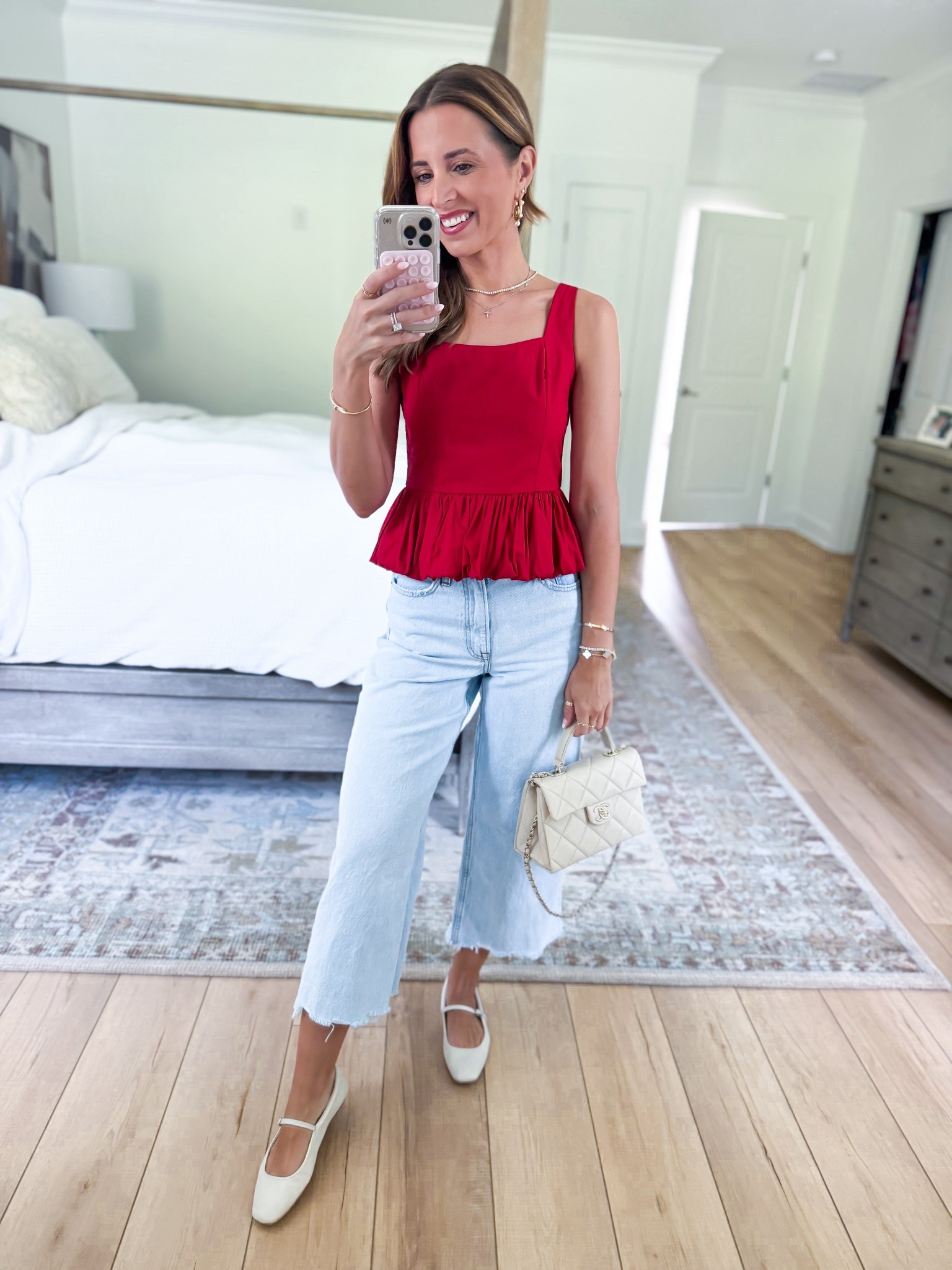 Summer outfit. Elevated casual. 4th of a July. Memorial Day weekend. Code SUMMERAF. Abercrombie peplum top with adjustable straps in XXS. New Abercrombie crop wide leg jeans - runs big IMO so consider sizing down. I did 24 short but needed 23. Dolce vita Reyes flats are TTS. 

#LTKShoeCrush #LTKPetite #LTKStyleTip