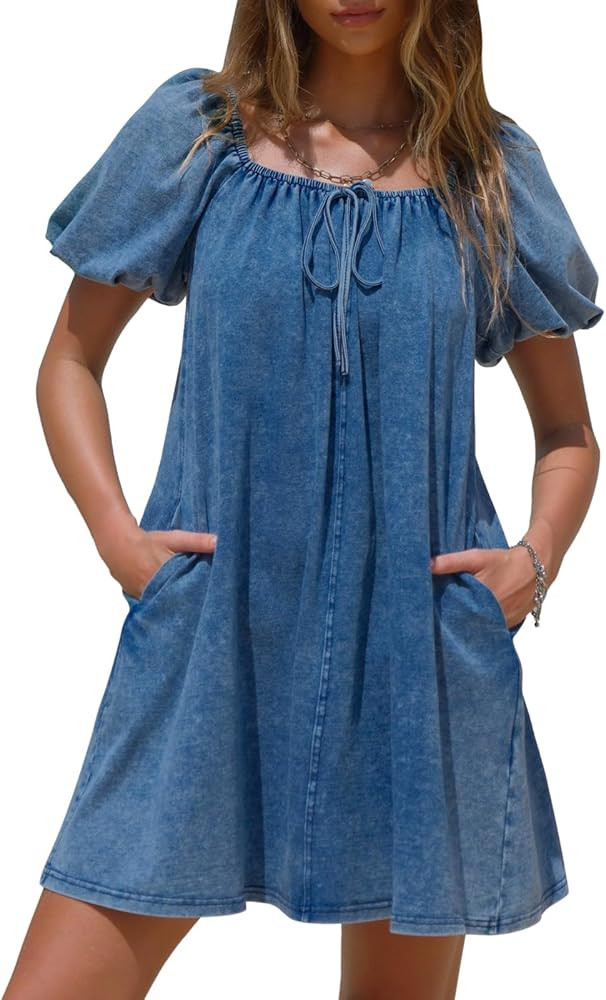 EXLURA Womens Summer Denim Short Puff Sleeve Dresses Knit Loose Plus Size Short Mini Dress 2025 T... | Amazon (US)