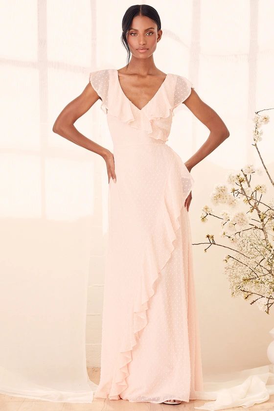 Fearless Love True Blush Swiss Dot Ruffled Faux Wrap Maxi Dress | Lulus (US)
