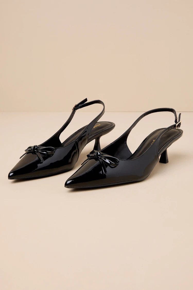 Vogue Black Patent Pointed-Toe Slingback Bow Pumps | Lulus