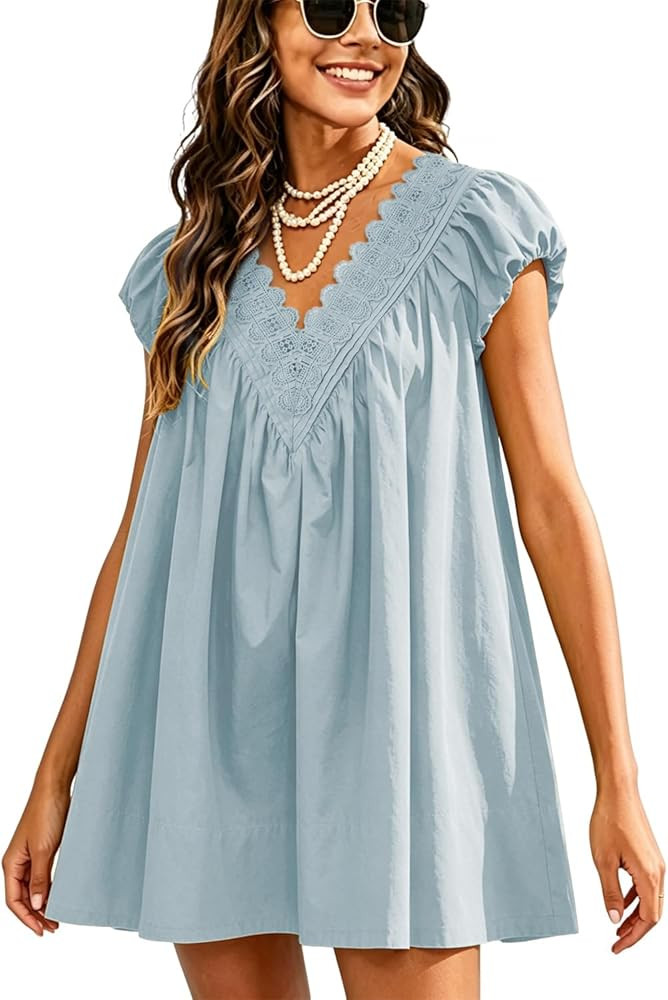 Womens Babydoll Mini Short Dress V Neck Puff Sleeve A Line Boho Scalloped Loose Beach Sundress wi... | Amazon (US)