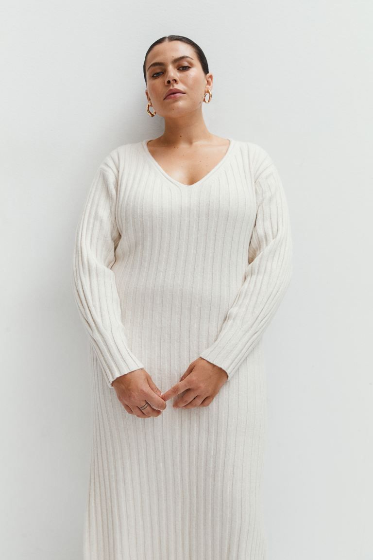 Rib-knit Dress - V-neck - Long sleeve - Light beige - Ladies | H&M US | H&M (US + CA)