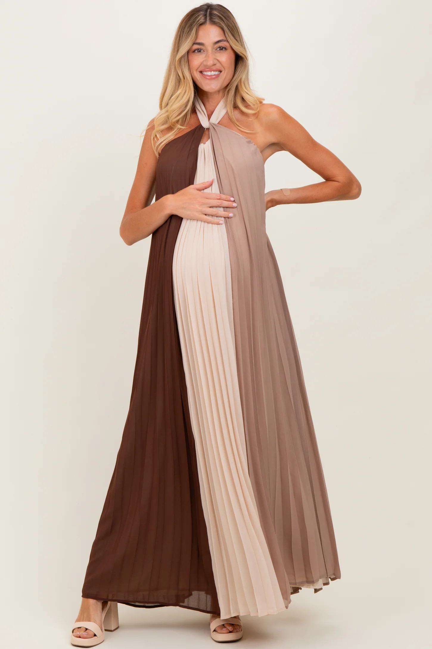 Brown Colorblock Pleated Halter Neck Maternity Maxi Dress | PinkBlush Maternity