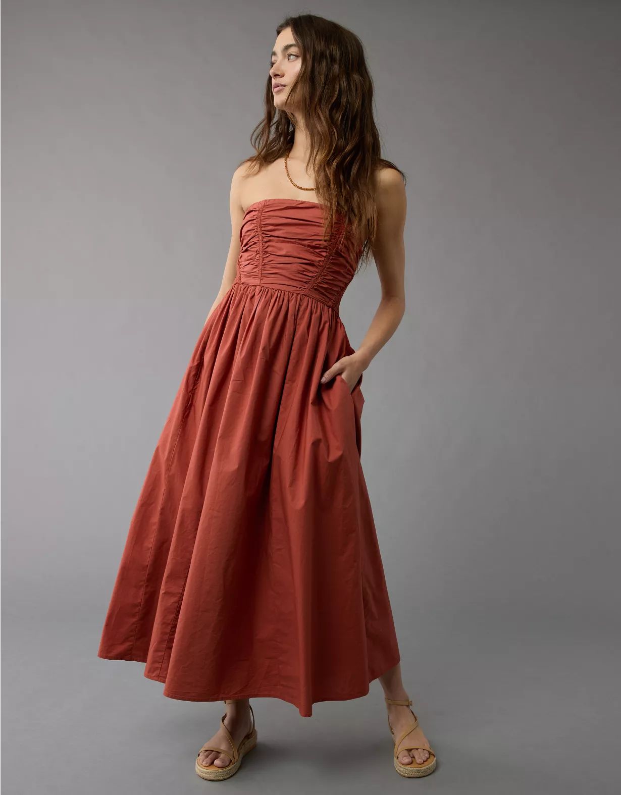 AE Strapless Ruched Poplin Midi Dress | American Eagle Outfitters (US & CA)