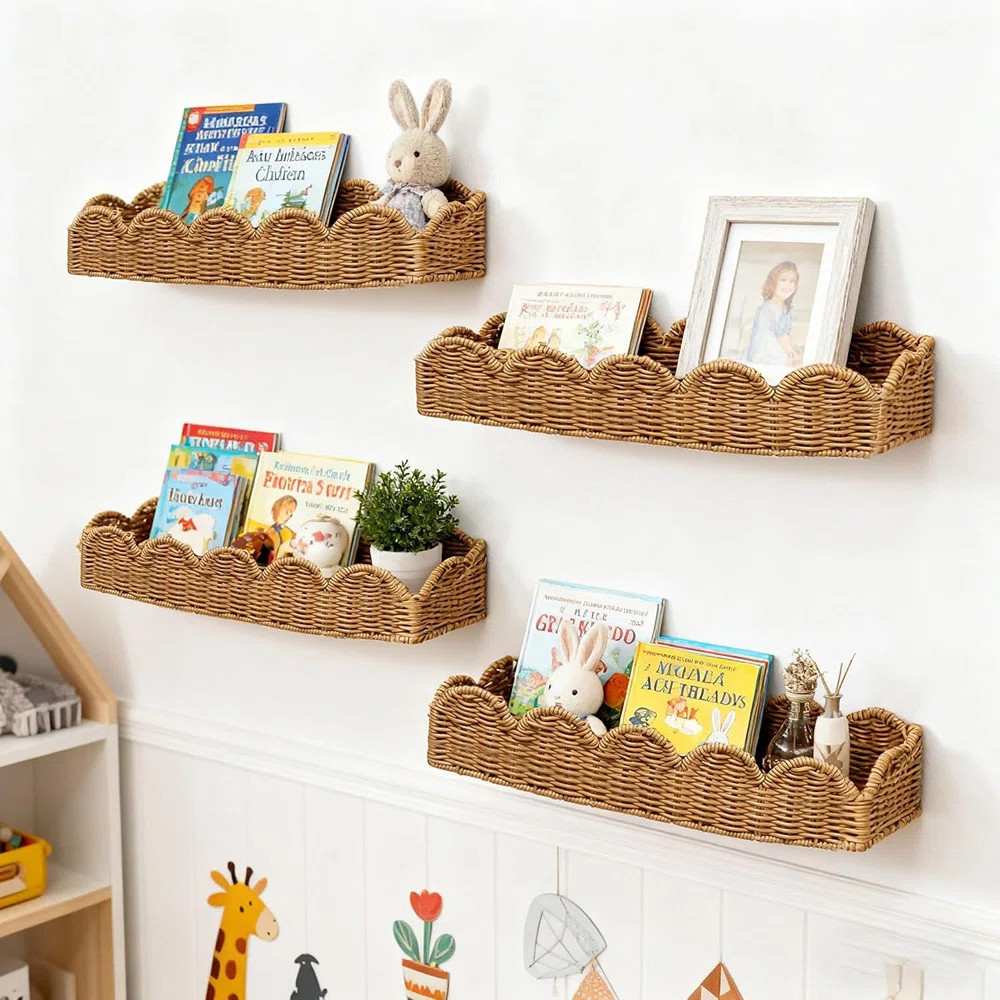 Floating Rattan/wicker Wall Shelves – Set Of 4 Wall‑mounted Woven Book & Decor Shelves (natur... | Wayfair North America