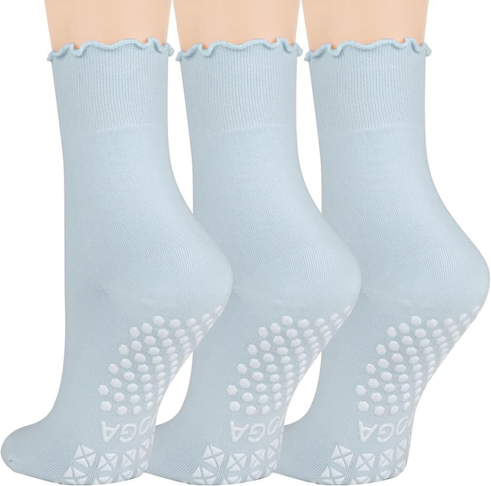 3 Pairs Pilates Socks for Women, Non-slip Grips Yoga Socks Ruffle Cuff for Ballet Barefoot Workou... | Amazon (US)