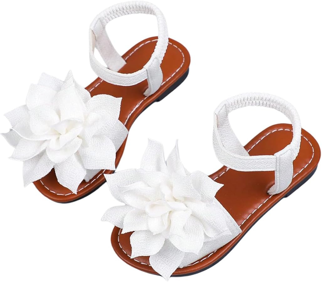 OYOANGLE Girl's Floral Appliques Ankle Strap Flat Sandals Summer Beach Shoes | Amazon (US)