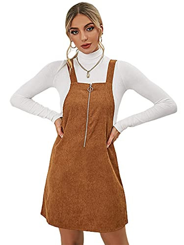Floerns Women's Short Zip Up Corduroy Pinafore Overall Dress with Pockets Dark Brown Dark Brown X-Large | Amazon (US)