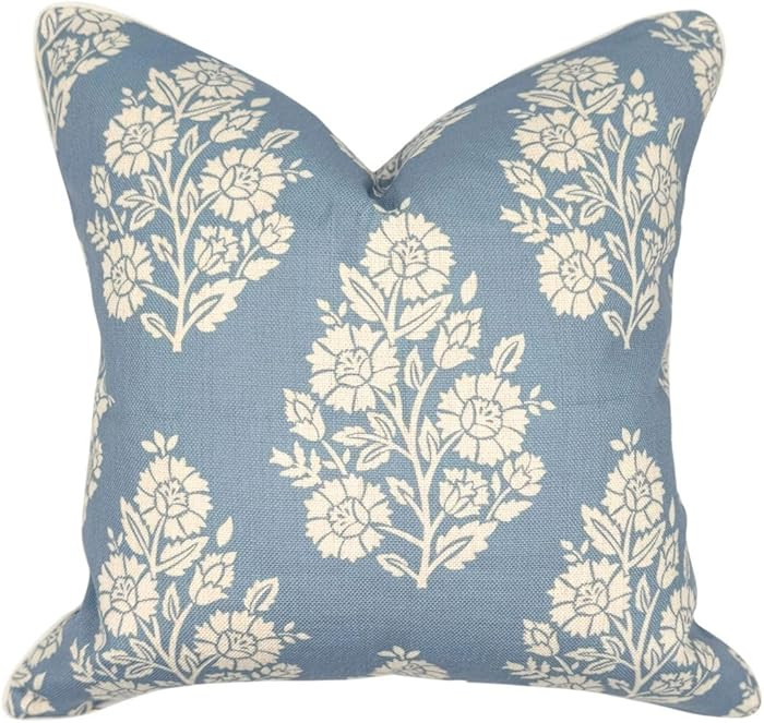 "The Hazel Bright Blue White Floral Pillow Cover Grandmillennial Home Decor Blockprint Pillow Cov... | Amazon (US)