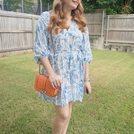 Blue and white printed mini dress with a fun pop of colour from my Rebecca Minkoff small love bag in pale coral 🧡

#LTKaustralia #LTKitbag