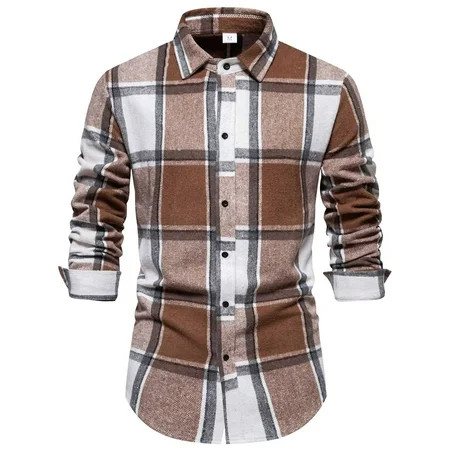 Mens Shirts Fall And Winter Simple Plaid Fashion Color Collision Lapel Cardigan Buttons D Plaid Tops | Walmart (US)