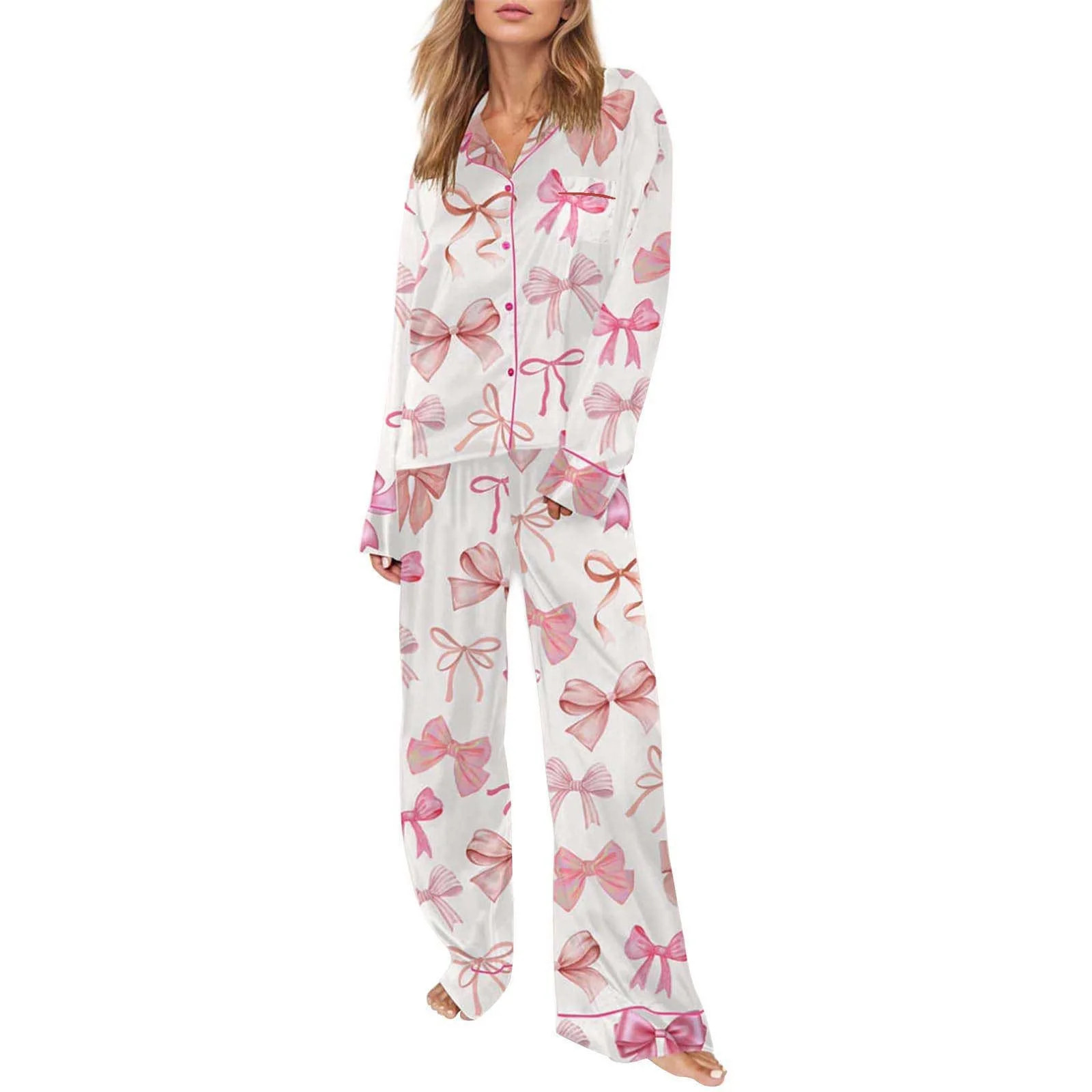 Alitao Valentines Pajamas Silk Pajamas Satin Pajama Bow Pajamas Winter Spring Home Leisure Bow Lo... | Walmart (US)