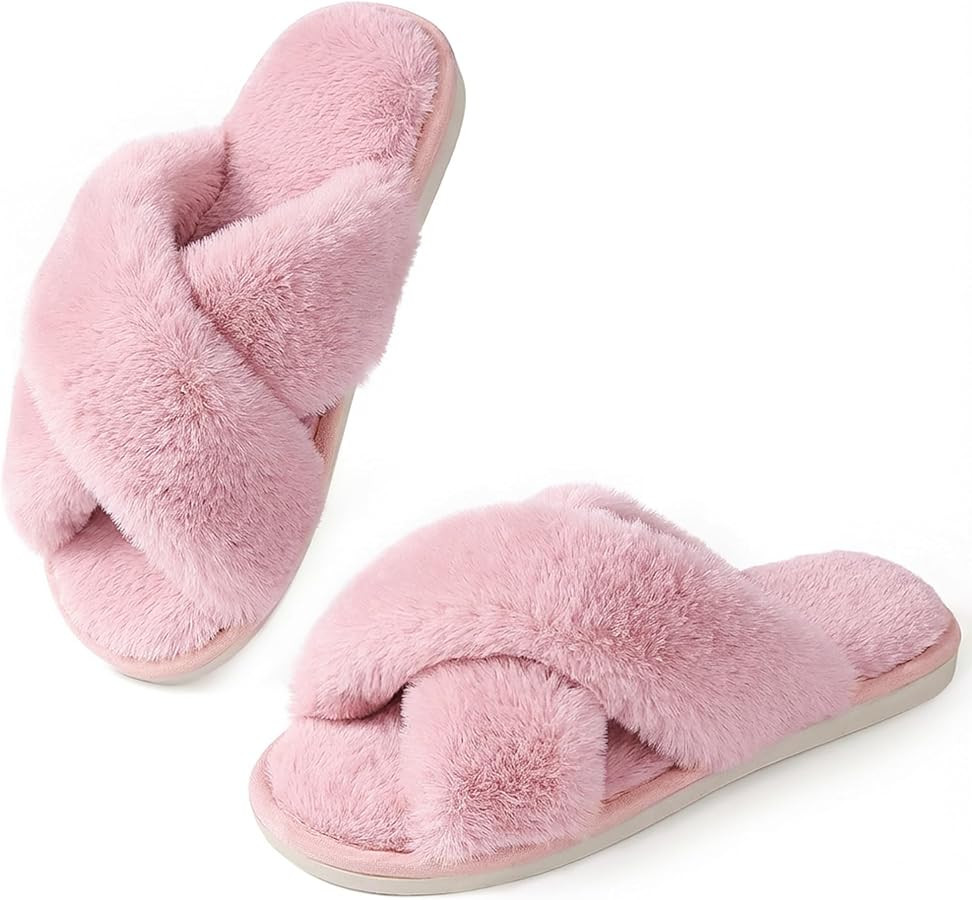 Ankis Womens Fuzzy Slippers Memory Foam Cross Band Cozy House Slippers Plush Home Fluffy Furry Sl... | Amazon (US)
