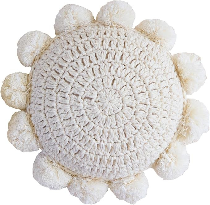 Beige 14 Inch Boho Round Throw Pillow, Cute Throw Pillow with Pom Poms Tassels, Decorative Circul... | Amazon (US)