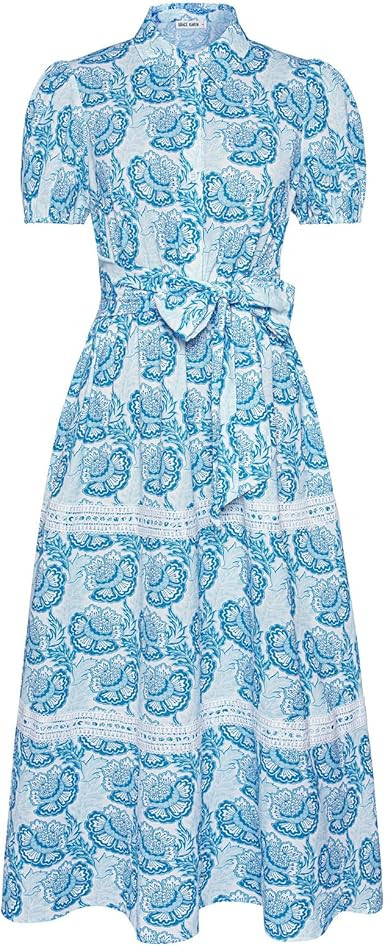 GRACE KARIN Women's 2025 Summer Floral Flowy Dresses Boho Tie Belt Short Puff Sleeve A Line Maxi ... | Amazon (US)