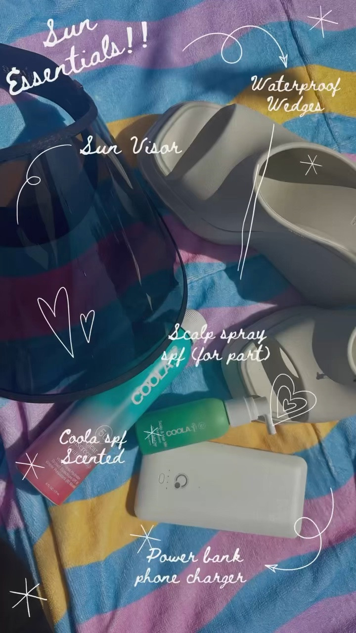 #Coola spf has the best smelling spf sprays. And they have continual spray that is 👌
The #coola scalp spray is a must for Rylie who refuses to wear a hat. After one burn that flaked for days… she won’t let me forget this!  (I use it on the back of my hands!)
Sun visor not only protects from uv rays , it keeps your skin cool so can reduce heat activated melasma
Power bank that has multiple charging connections for different phones (A mom must have).
I’m a firm believer chunky wedges make your legs look much better. I will die on this hill! @Melissashoes

#LTKxMadewell #LTKstorytime #LTKmomlife