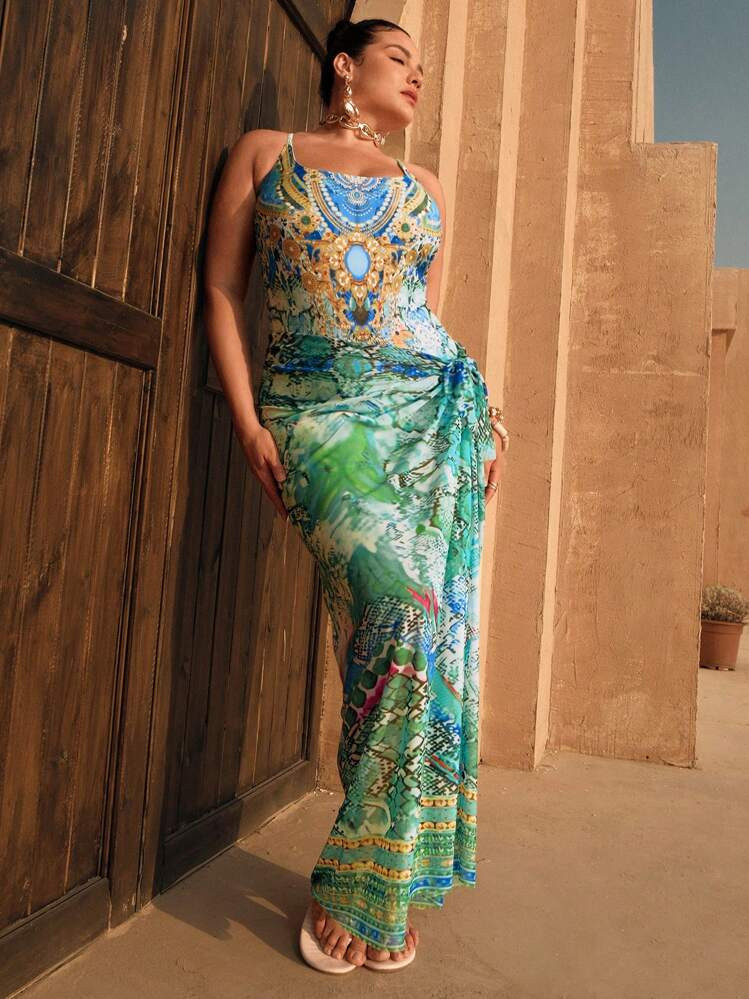 Swim Oasis 2pcs Set Plus Size Women High-End Green Round Neck Spaghetti Strap Printed Fitted Swimsuit With Printed Sheer Cover Up, Fashionable Casual Beach Resort Wear For Summer | SHEIN