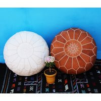 Set Of 2 Moroccan Poufs, Ottoman Pouf Floor Pillow, Moroccan Pouf White & Tan , Handmade Natural Lea | Etsy (US)