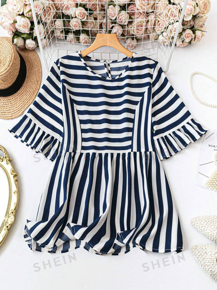 SHEIN LUNE Women's Plus Size Fashion Striped Short Sleeve Shirt Peplum Top | SHEIN