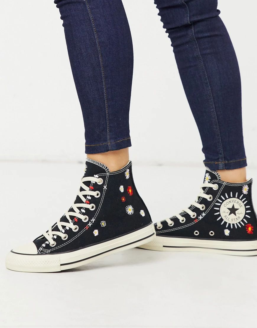 Converse Chuck Taylor All Star Hi Black Embroidered Floral Sneakers | ASOS (Global)