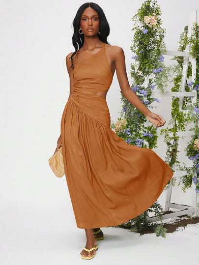 SHEIN VCAY Women Summer Solid Color Asymmetrical Neckline Waist Hollow Out Pleated Long Sleeveles... | SHEIN