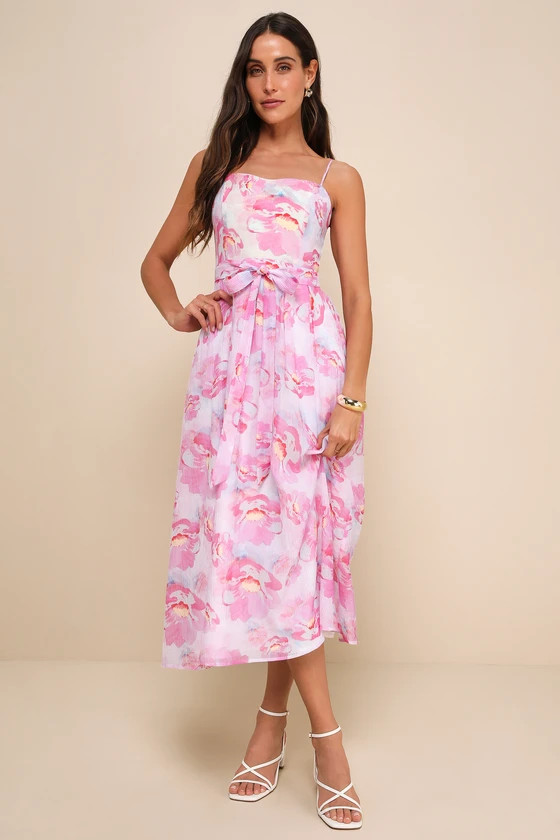 Sweetheart Status Pink Floral Sleeveless A-Line Midi Dress | Lulus