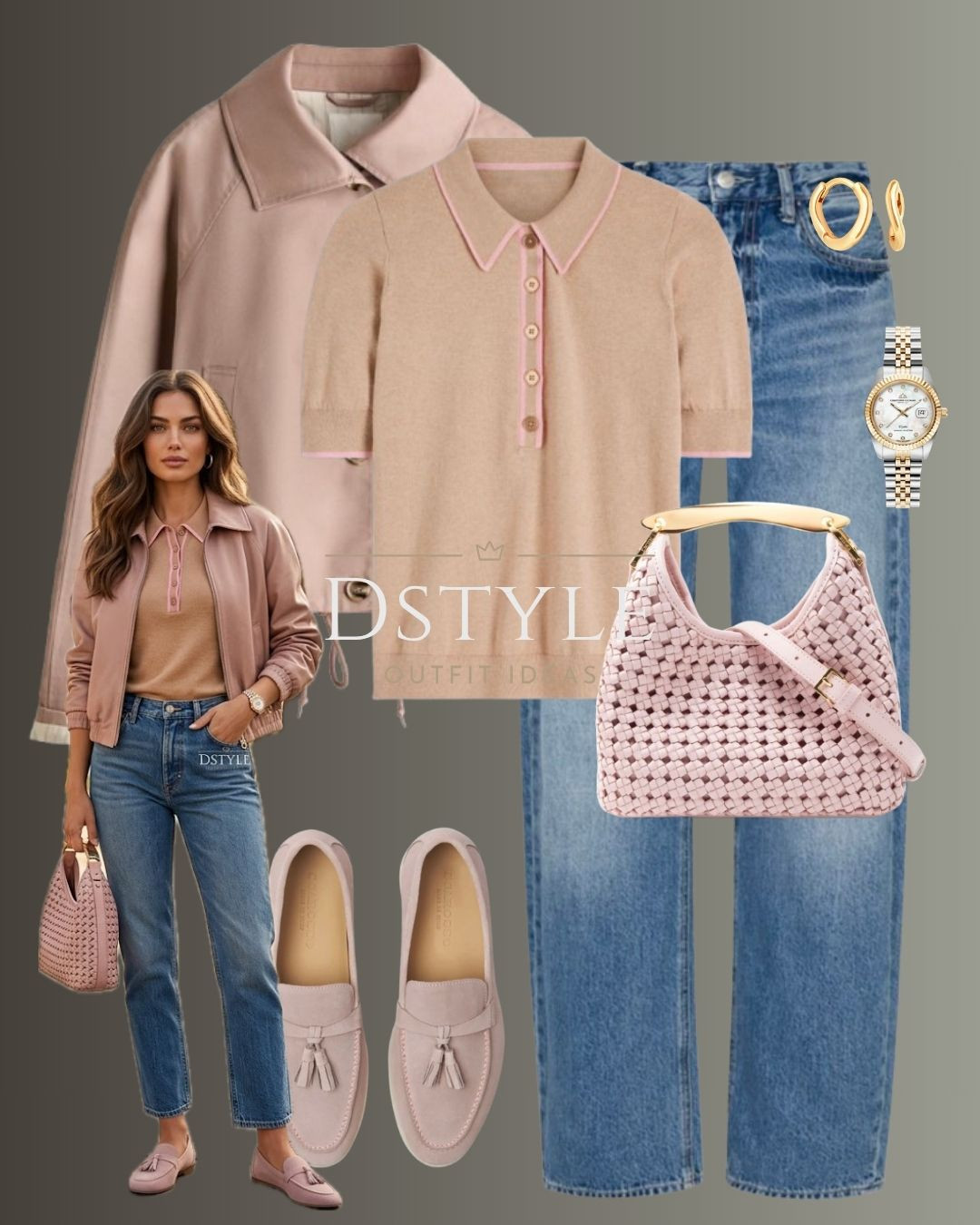 Spring Outfit Idea: How to style a dusty pink jacket and polo sweater. 🧥✨ Featuring dusty rose loafers, a woven leather bag, and classic straight-leg jeans. 

 

#LTKootd #LTKWorkwear