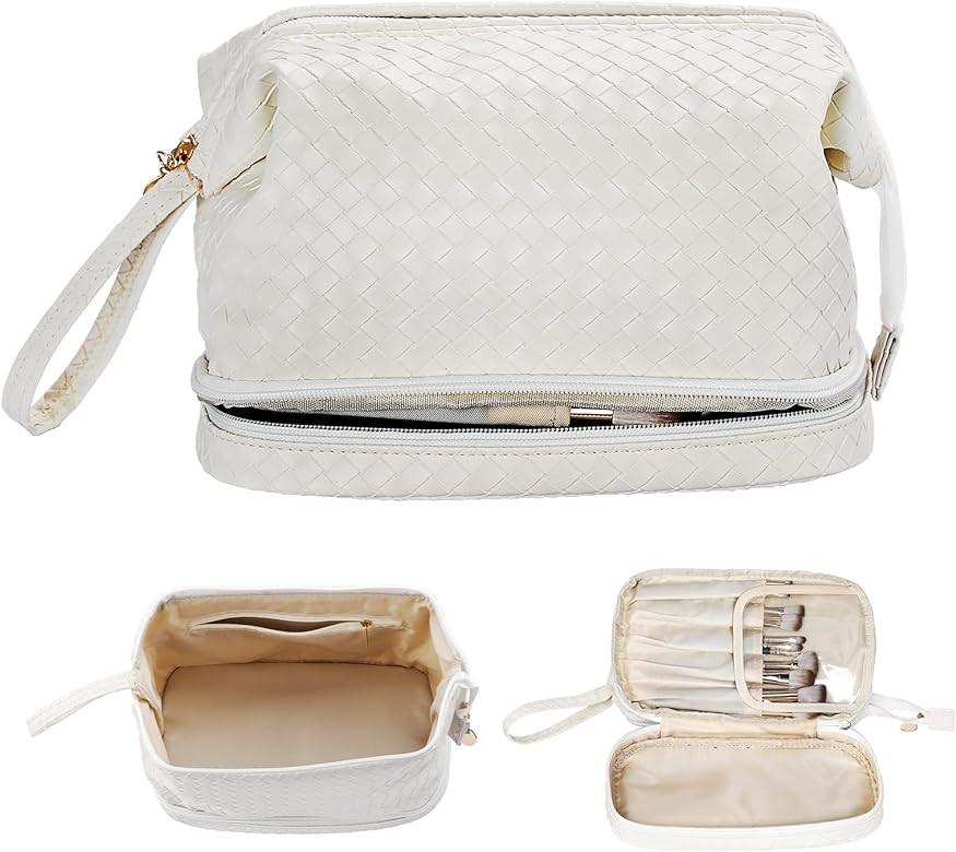 TrueLux Woven Leather Double Layer Makeup Bag with Brush Organizer(White),Large Capacity PU Leath... | Amazon (US)