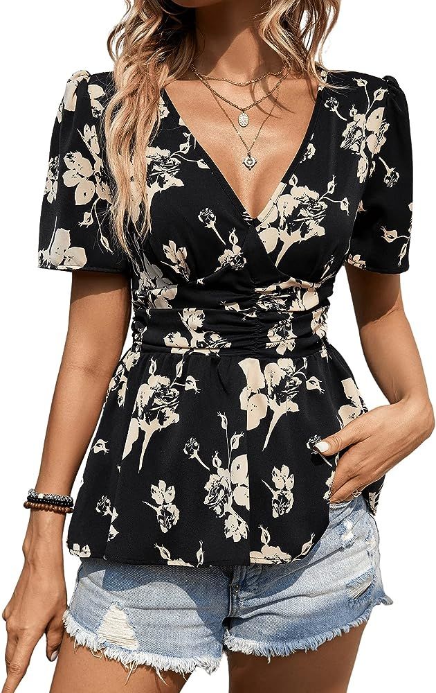 SweatyRocks Women's Short Sleeve V Neck Shirt Floral Tie Front Ruffle Peplum Blouse Top | Amazon (US)