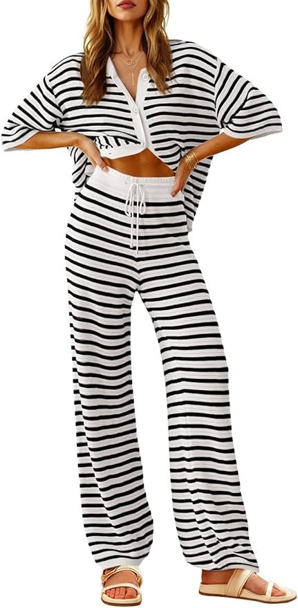 Tankaneo Womens Knit 2 Piece Lounge Sets Striped Short Sleeve Tops and Wide Leg Pants Travel Airp... | Amazon (US)