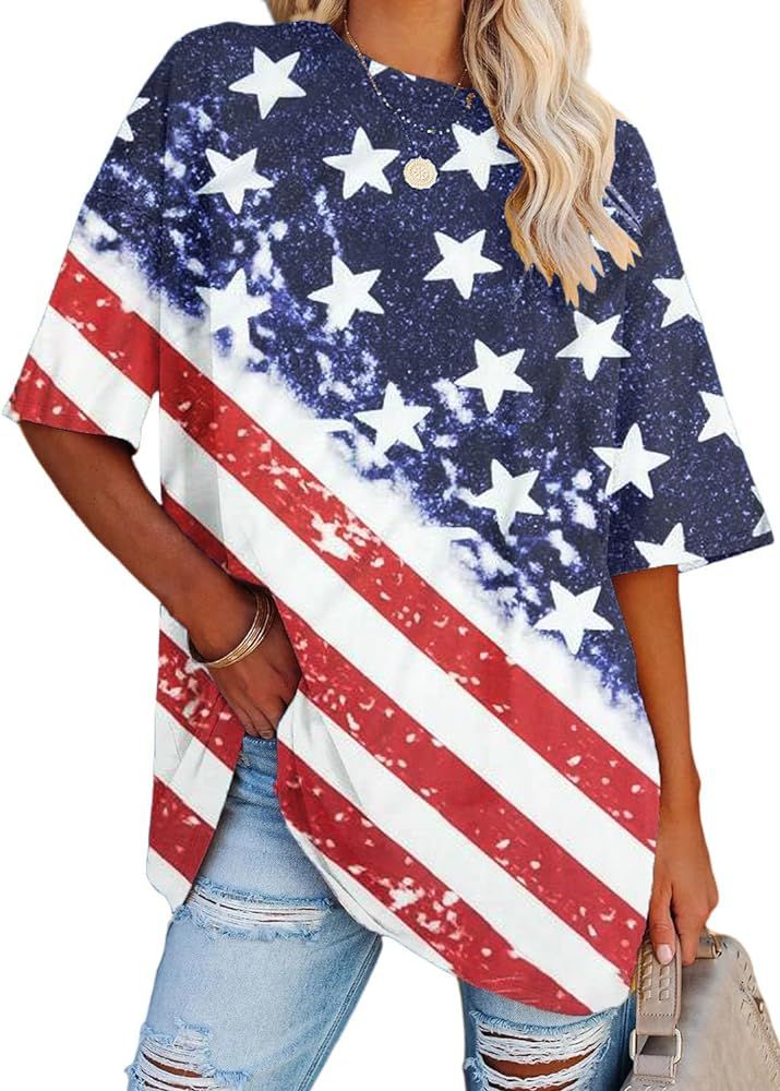 SNYUMEG Oversized American Flag Shirt Women 4th of July Tshirt USA Star Stripes Patriotic Short S... | Amazon (US)