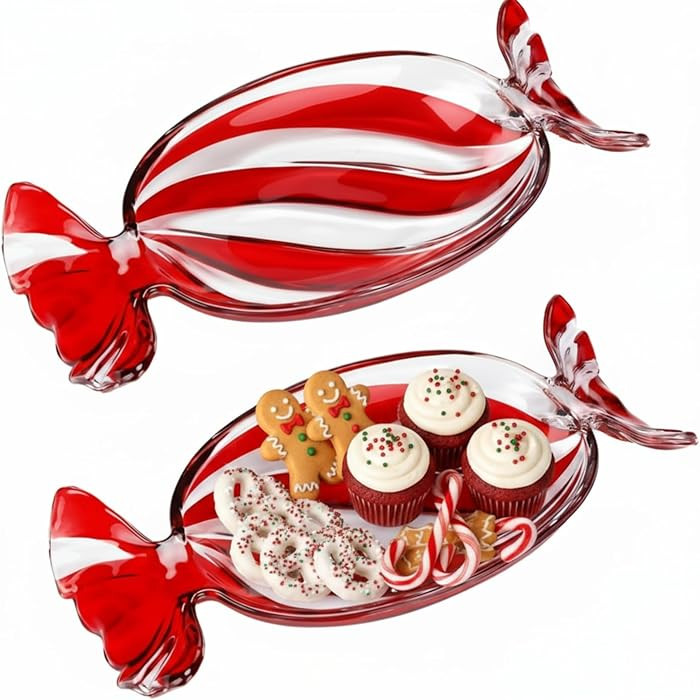 Uiifan 2 Pcs Christmas Peppermint Candy Tray Platter Crystal Glass Fruit Plates Serving Dessert P... | Amazon (US)