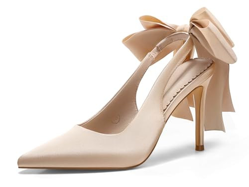Coutgo Womens Slingback High Heels with Bow Closed Pointed Toe Wedding Bride Dress Shoes Satin Pumps, Champagne Gold, Size 9.5 | Amazon (US)