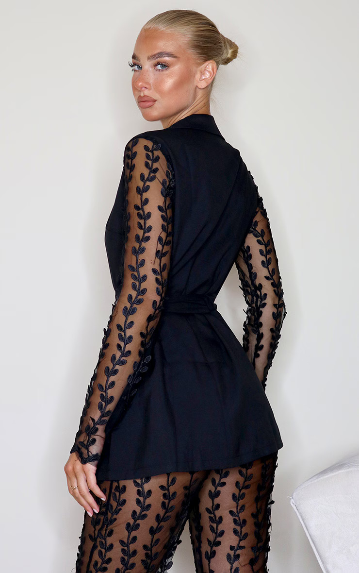 Black Woven Lace Sleeve Belt Blazer | PrettyLittleThing US