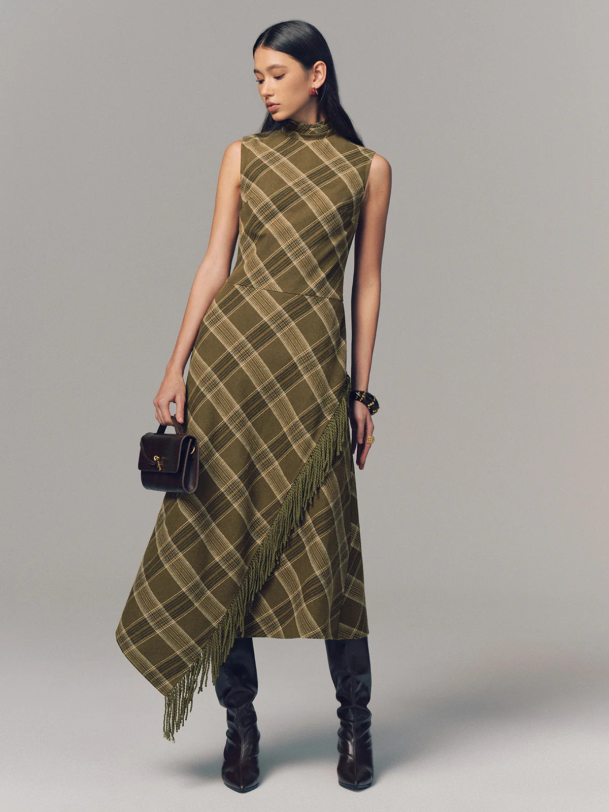 Plaid Fringe Sleeveless Cotton Maxi Dress | Commense