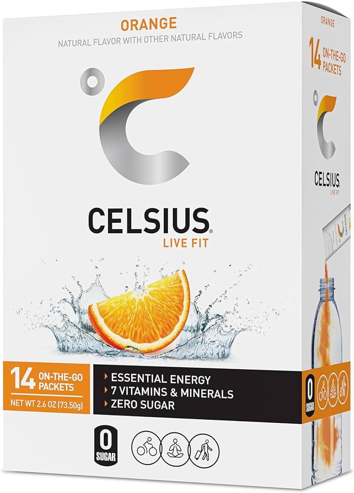 CELSIUS On-the-Go Powder Stick Zero Sugar (14 Sticks per Pack), Orange, 2.60 Oz | Amazon (US)