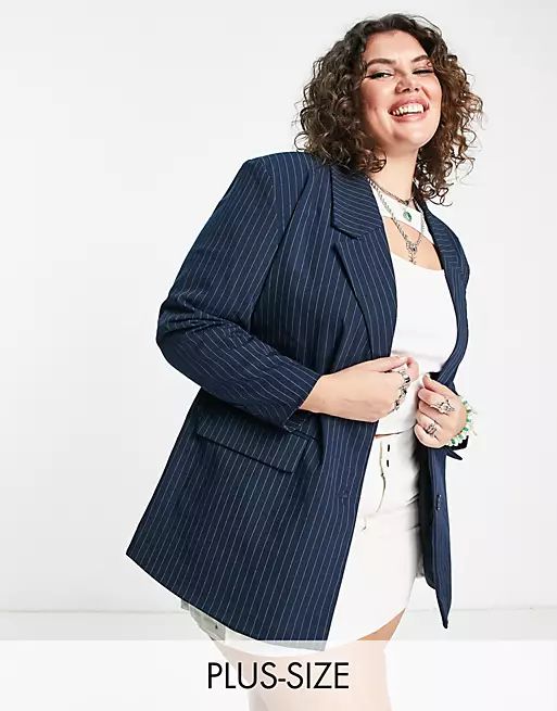 Noisy May Curve oversized dad blazer in navy pinstripe - part of a set | ASOS (Global)