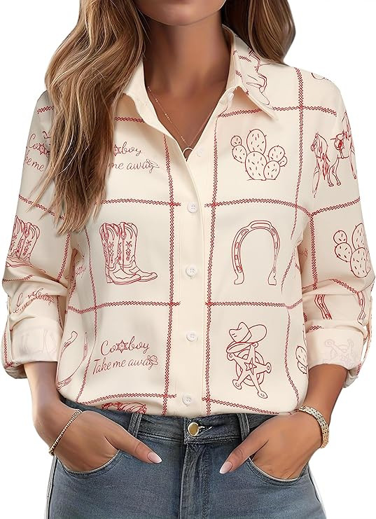 Amazon.com: MYMORE Women's Western Cowgirl Long Sleeve Button Down Shirt Blouse Graphic Cowboy Pr... | Amazon (US)