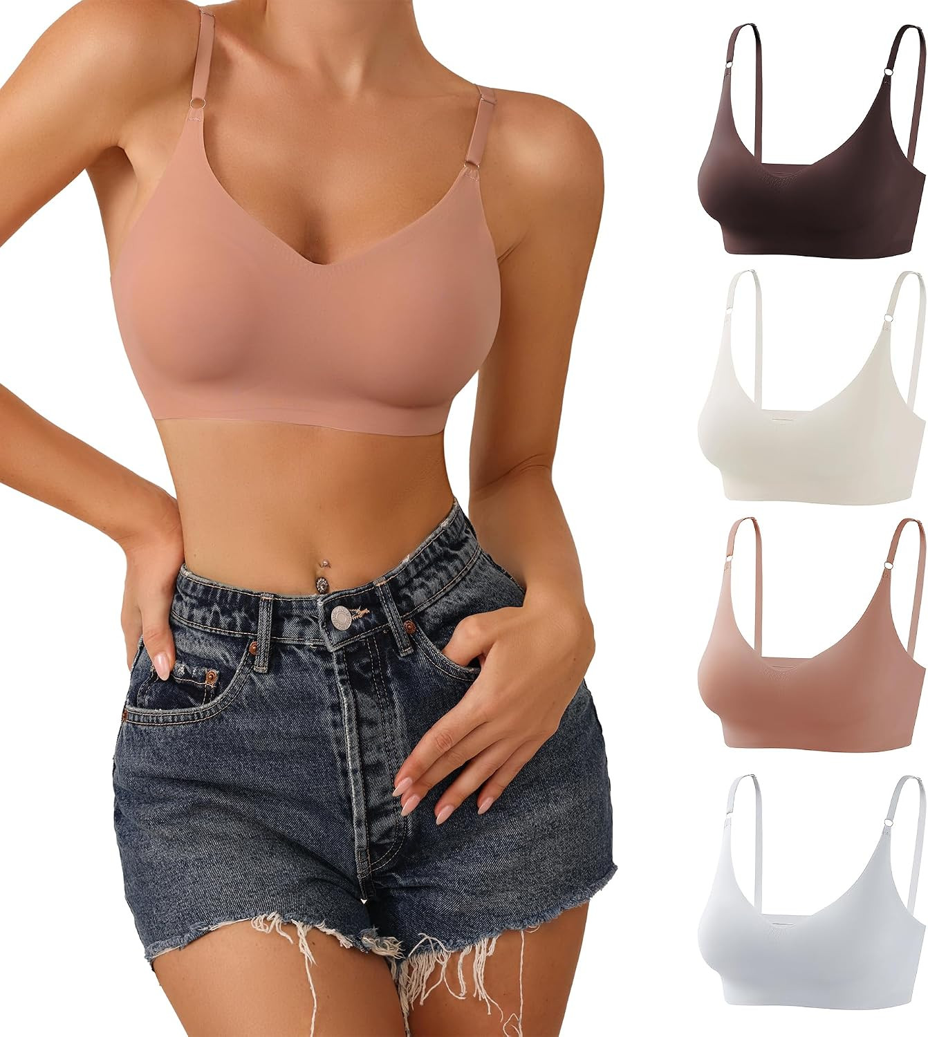 DEANGELMON V Neck Bra Padded Seamless Adjustable Straps Bralettes Everyday Basic Sleeping Bras Multiple Pack | Amazon (US)
