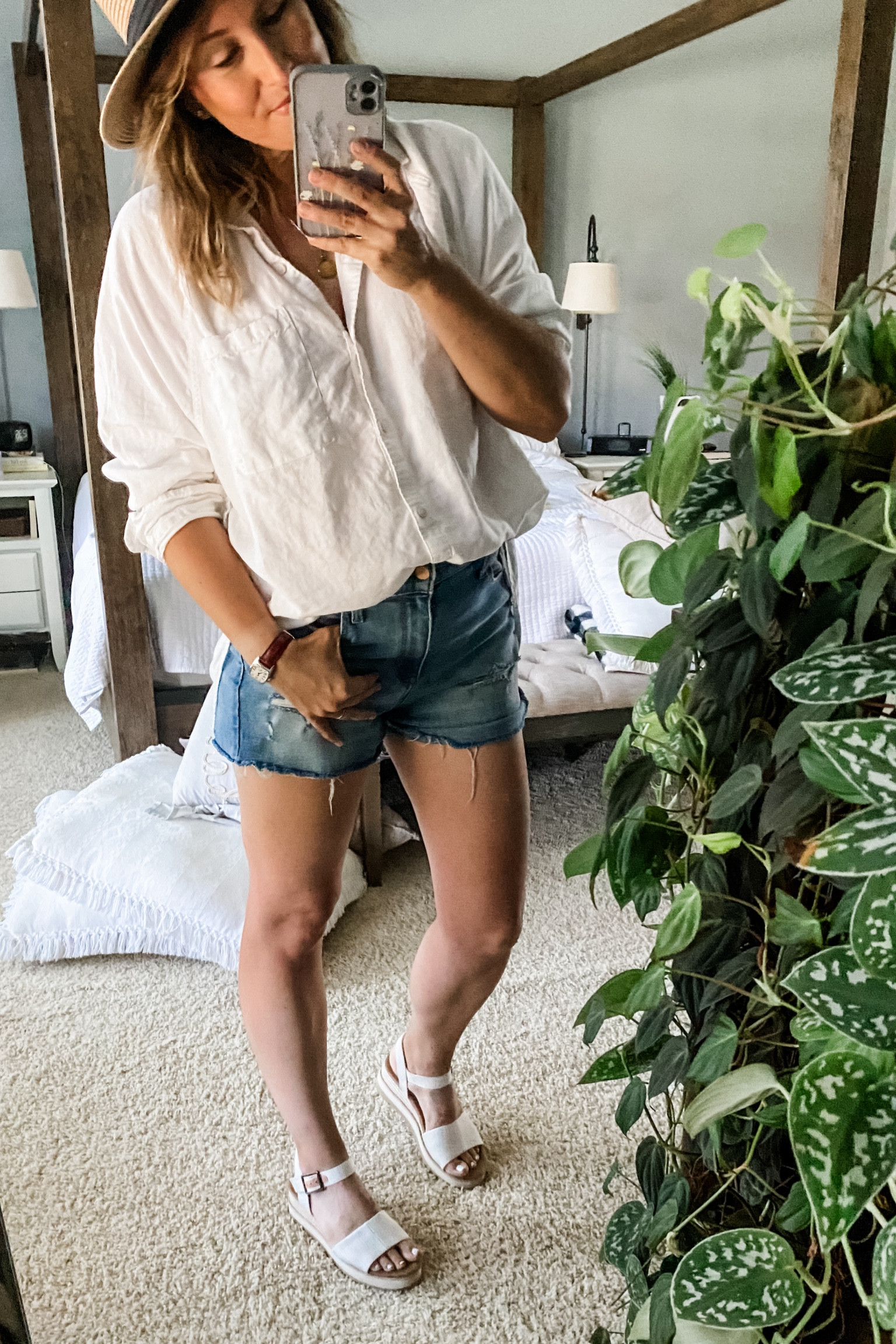I saw someone on the ‘gram describe this look as “new country girl summer,” and while that’s all well and good, I’ve been rocking the button down and cutoffs for years so I’m not sure how NEW it is. 
Still the best summer look out there, especially with a soft linen shirt feeling cool on sunburned shoulders (ask me how I know). 
Also, these TOMS wedges are still the best summer shoe going. They’re so comfortable, go with everything, and give any outfit a bit of a lift.

Two summer wins in one outfit, can’t beat that. 

#LTKOver40 #LTKSeasonal #LTKFindsUnder50