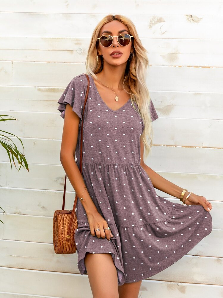 DEARCASE Polka Dot Flutter Sleeve Ruffle Hem Babydoll Dress | SHEIN