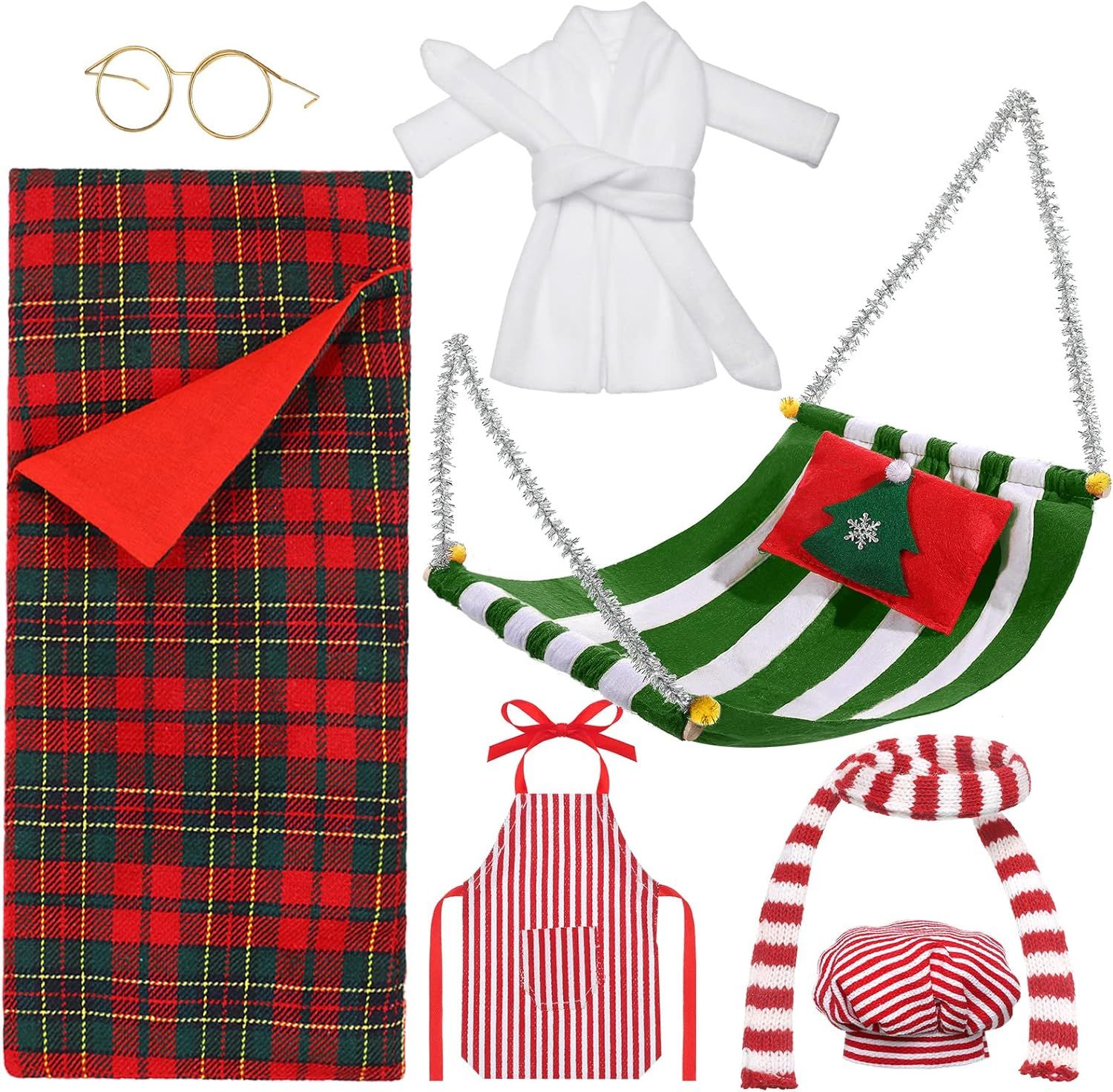 8 Pcs Christmas Elf Doll Accessories Set with Christmas Sleeping Bag, Bathrobe, Apron and Chef Ha... | Amazon (US)