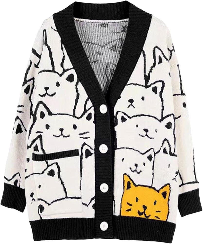 Arssm Cat Sweater for Women Oversized Button Down V Neck Knit Cardigan Cute Kawaii Cartoon Print ... | Amazon (US)