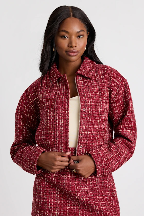 Shaelyn Berry Red Tweed Cropped Bomber Jacket | Lulus