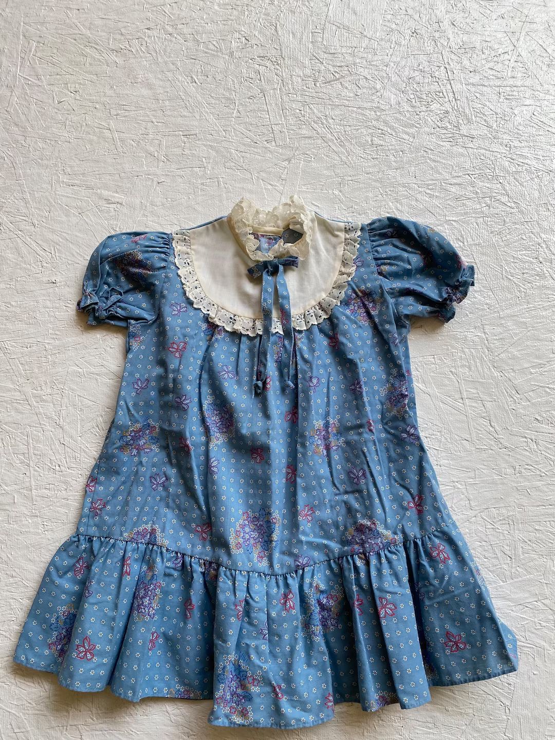 80s Girls Prairie Dress Dusty Blue Floral Tiered with Lace Bib Puff Sleeves Mid Length Size 6 | Etsy (US)