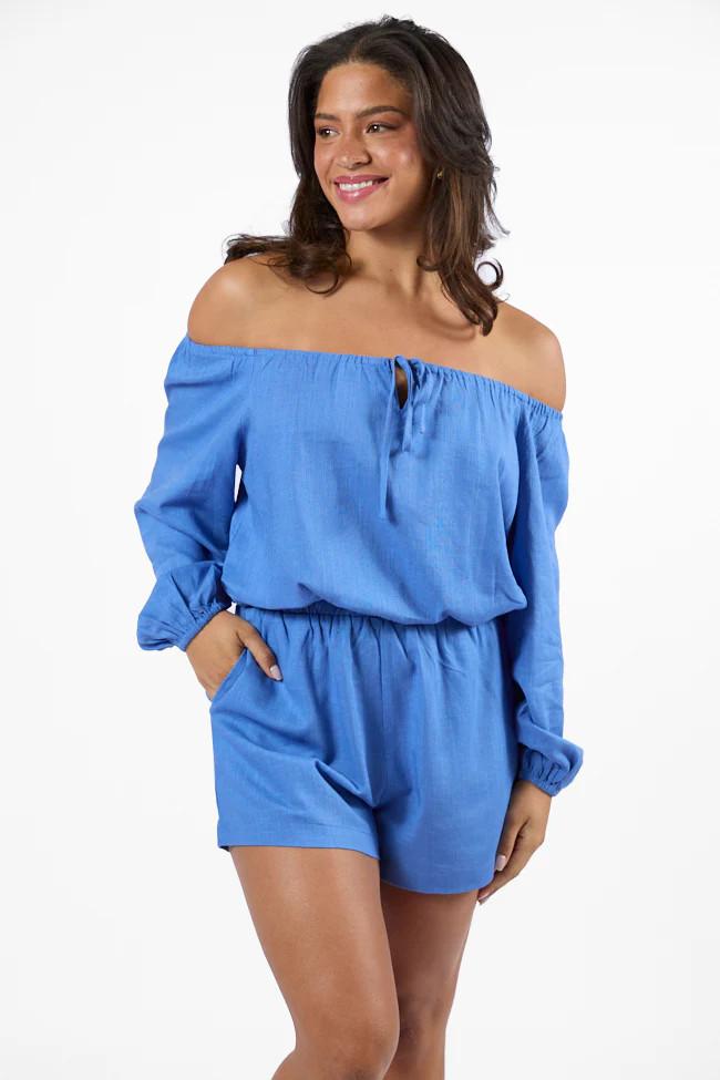 Deep Dive Blue Off The Shoulder Shorts Set | Pink Lily