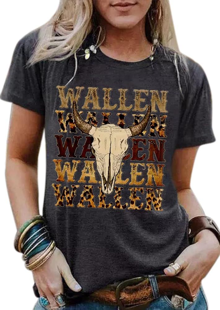 Wallen Shirt Women Funny Leopard Steer Skull Graphic Tee Top Country Music Shirt Western Short Sl... | Amazon (US)