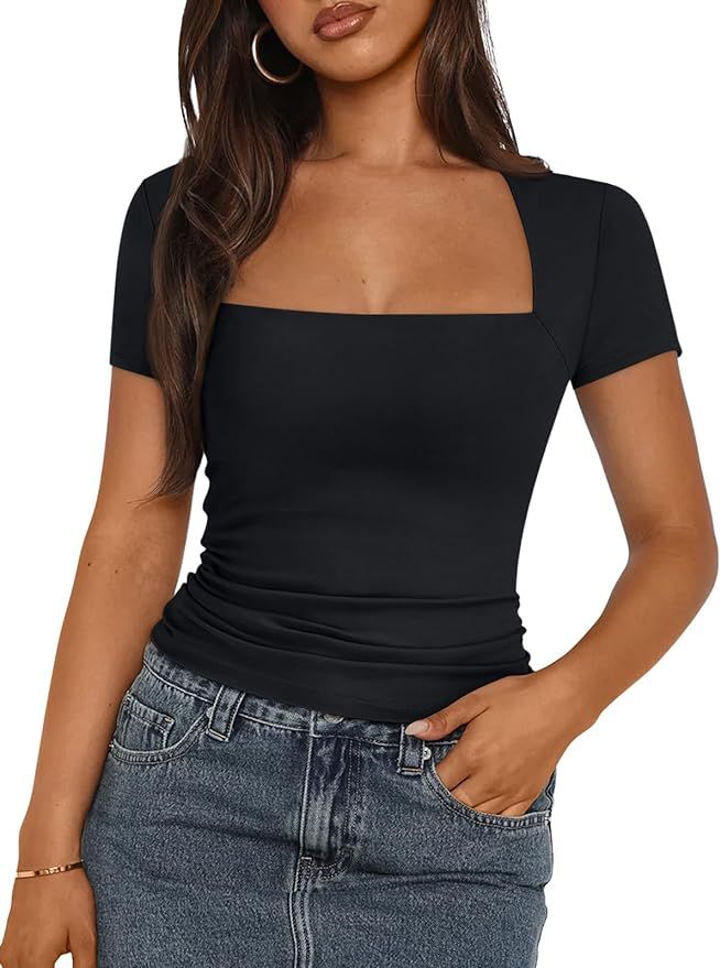 Trendy Queen Women's Square Neck Tops Short Sleeve Shirts Going Out Tops 2024 | Amazon (US)