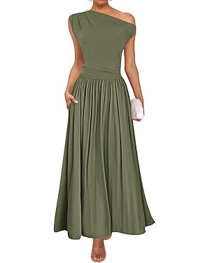 ZESICA Women's Summer 2025 Sleeveless Maxi Dress One Shoulder Casual Slim Swing Pleated Dresses w... | Amazon (US)